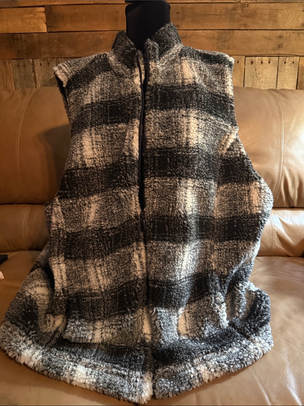 CJ Banks Black & White Plaid Sherpa Zip Vest